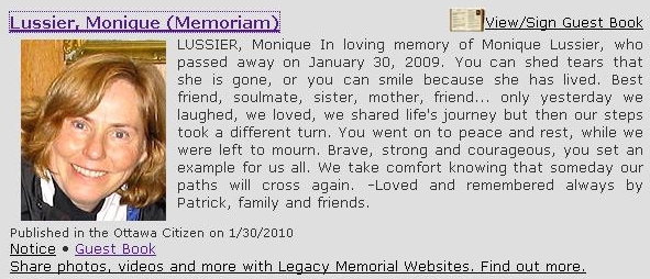 Here is the Memoriam found in the Ottawa Citizen and Rockland Vision.